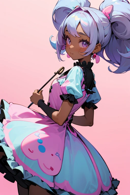 A black girl with,big pastel lolita dress, candy background, happy, kawaii, black skinned girl