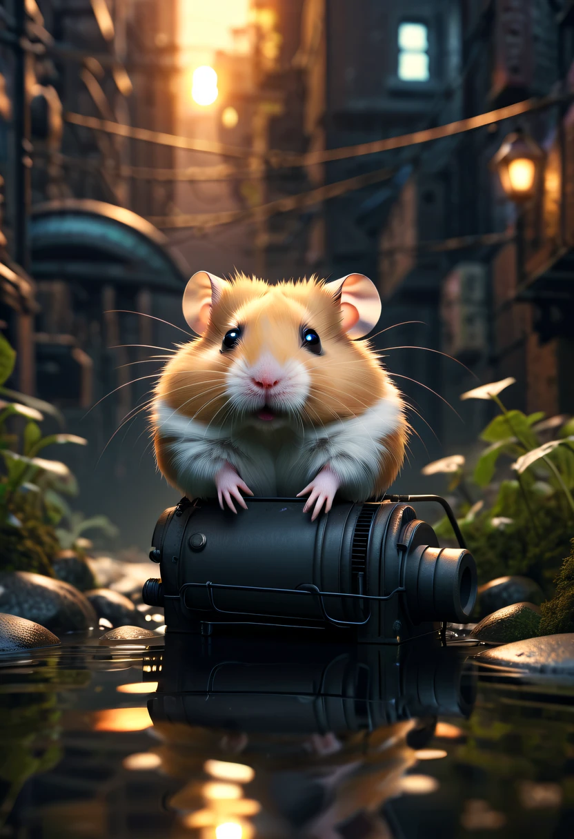 (future hamster:1.3),tmasterpiece,Basic Quality,realistically,offcial art,The content is very detailed,tmasterpiece,Best quality at best,(The is very detailed的 CG unified 8k 壁纸),(Best quality at best),(The best illustrations),(The best shadow),Very detailed pictures,(8K,Best quality at best),A stream flows through an abandoned city,Mechanical hamster in the stream,cyberpunk hamster,sci-fy,Gothic,hyper realisitc,(luminouslighting, ambientlighting), chilly, gloomily, magical,