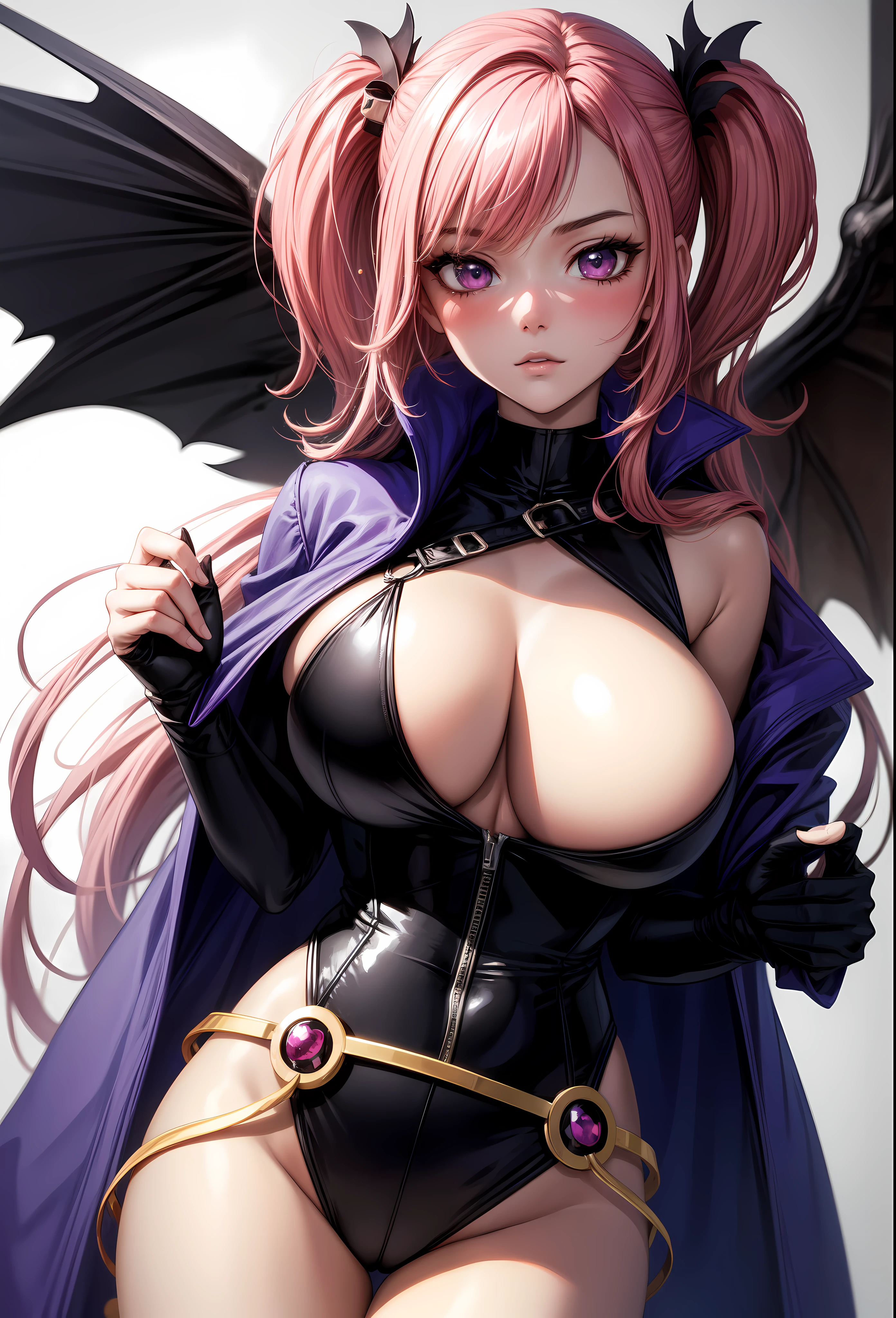 4k, ,Lens flare, pink hair , blush, blushing, 8k, best quality, 1 girl, detailed, Detailed fuchsia hair ++, detailed pink eyes ++, raytracing, perfect shadow, highres, enhanced eyes, huge ass,, plain white background, long hair, no background, white background, sexy, mature, raven titans, raven teenans cosplay