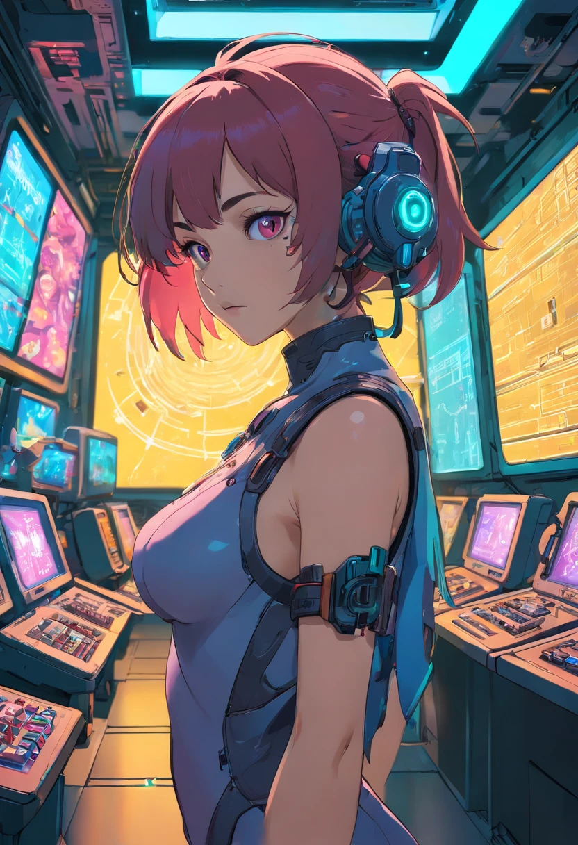 Topless woman cyberpunk gamer girl in a futuristic trading room.