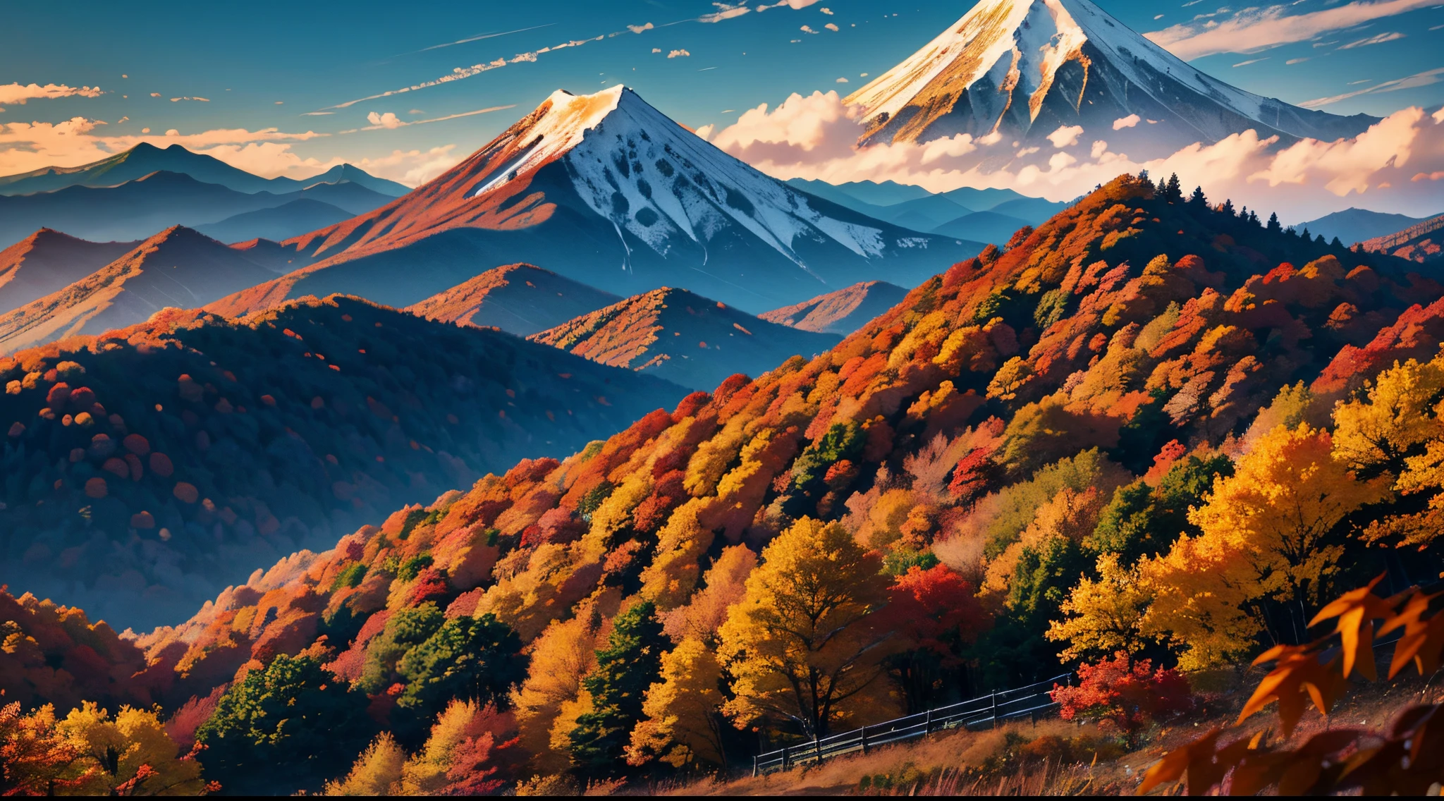 Colored leaves、(jpn、evening glow)、mont、Summit of Mt、autumnal