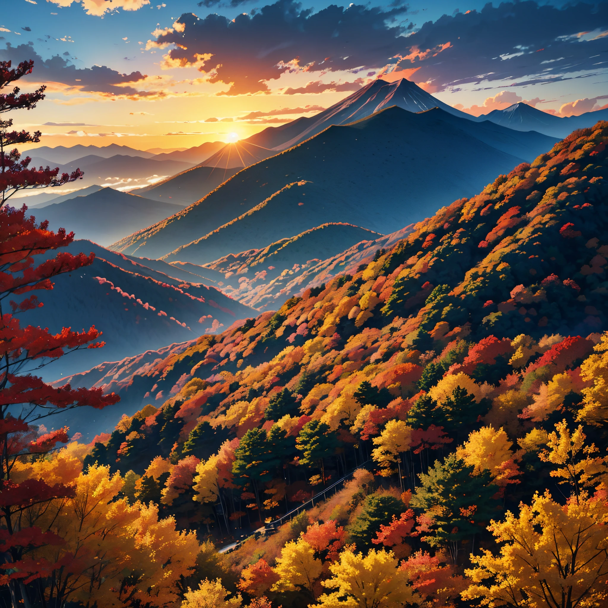 Colored leaves、(jpn、evening glow)、mont、Summit of Mt、autumnal