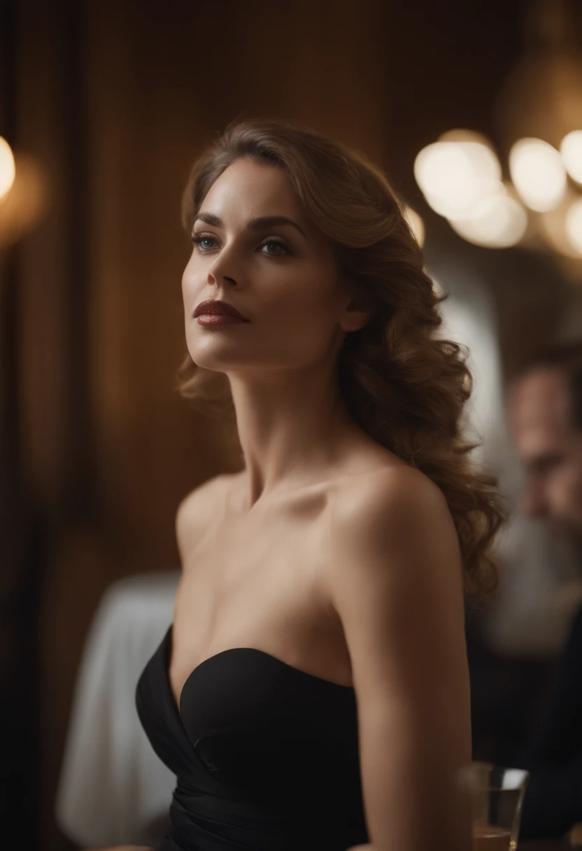 Très détaillé, Jolie femme, Sous-vêtements moulants à la peau blanche, (Busty, C’est tellement énorme La chemise n’arrête pas de s’éclater, cheveux dorés,cheveux bouclés,peau claire),Mise au point au niveau du visage, Focus sur le visage, yeux complexes,L’arrière-plan est un café parisien