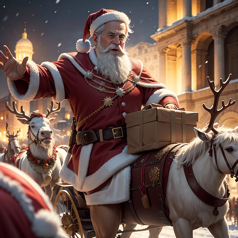 Santa Claus on his sleigh with his reindeers, triumphal procession through ancient Rome, colosseum and aqueduct in the background, Sanat distributing gifts from the sleigh into the crowd, antiquity, light snowfall, Crowd left and right from triumphal procession, legionnaires flank triumphal procession left and right, SPQR sign from Legion on santas sleigh