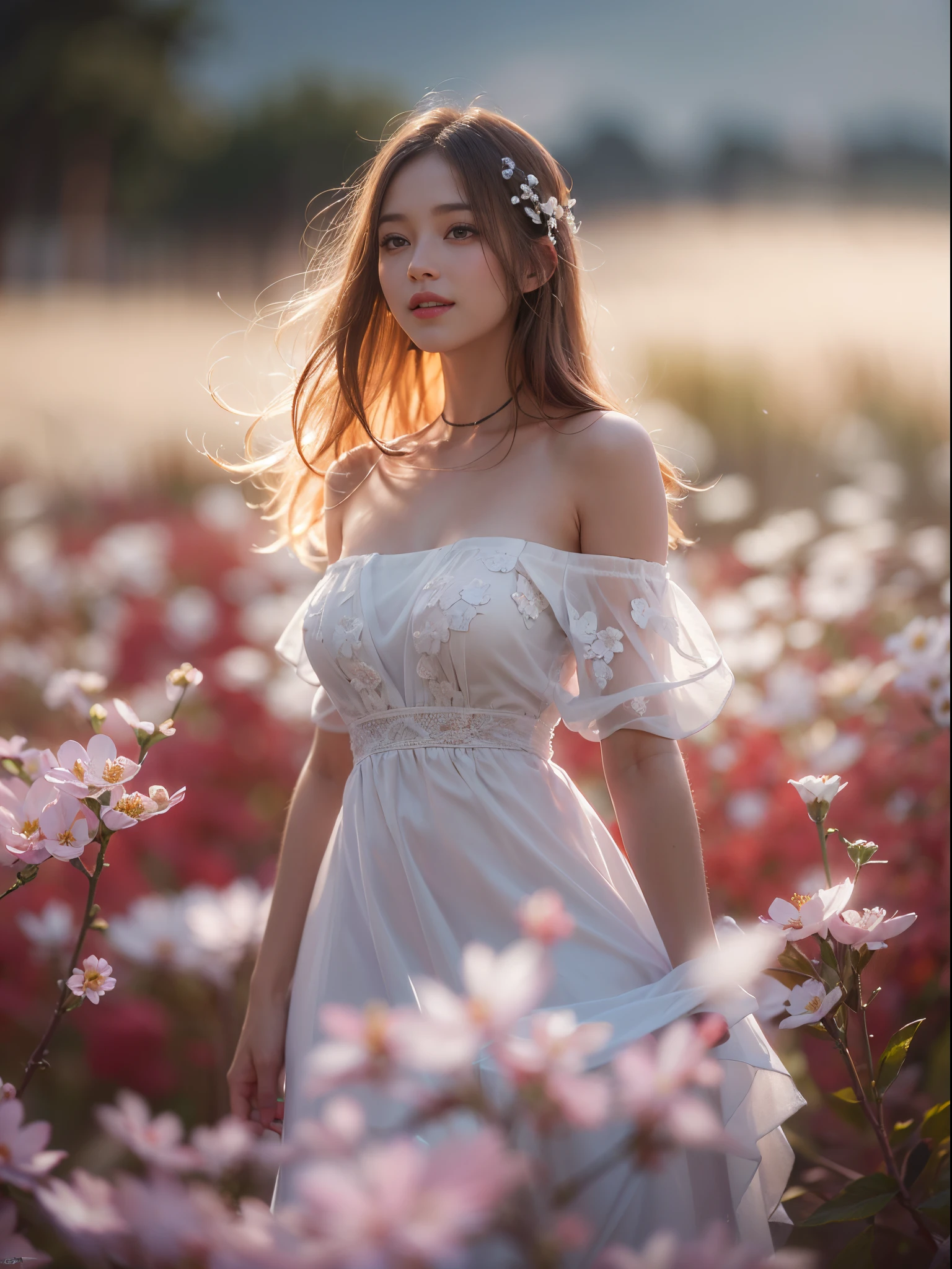 A woman in a white dress standing in a field of flowers - SeaArt AI