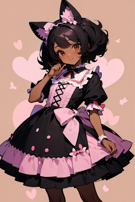 A black girl with,pastel lolita dress,black hair, brown eyes, candy background, happy, kawaii, black skinned girl