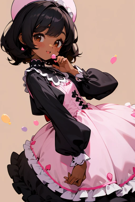 A black girl with,pastel lolita dress,black hair, brown eyes, candy background, happy, kawaii, black skinned girl