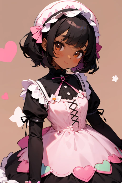 A black girl with,pastel lolita dress,black hair, brown eyes, candy background, happy, kawaii, black skinned girl