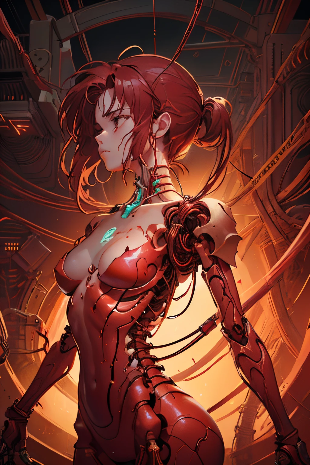(((巨作))), (((Best quality))), ((Ultra-detailed)), (CG illustration), ((An extremely delicate and beautiful)),(Look up to the side), (((Red flowing liquid background)))Cinematic light with strong contrast between light and dark, ((1 mechanical girl)), solo person, Body parts,(Red machine-made joints:1.2),((Mechanical limb)),(blood vessel connected to tube),(The mechanical spine is attached to the back),((The mechanical cervical vertebrae are attached to the neck)),(are standing),A sad expression with red tears,(Wires and cables around the neck:1.2),(wires and cables on head:1.2)(Character focus),sci-fy,Extremely fine,scarlet,Thinnest