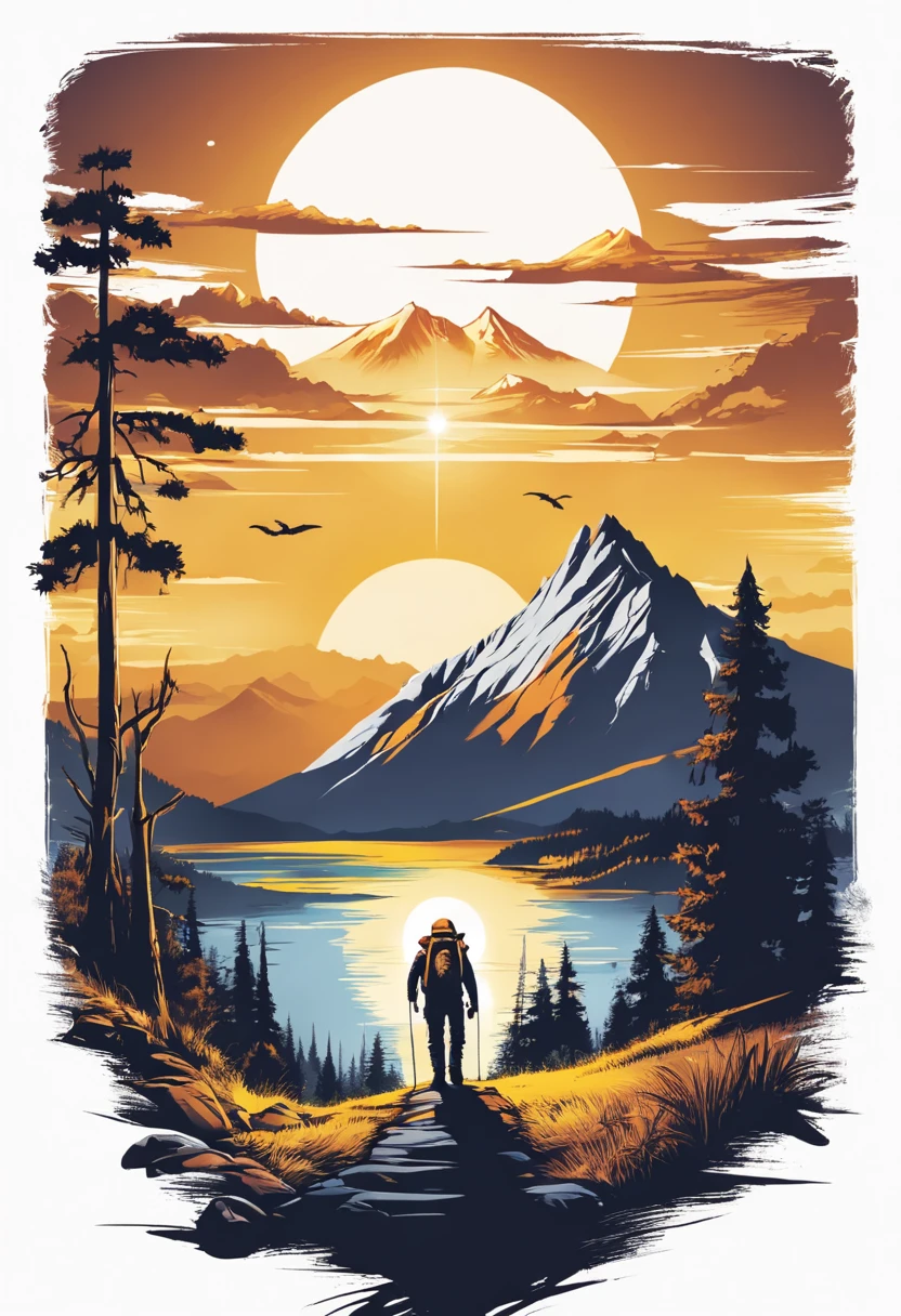 print ready vector t-shirt design, adventure scene with explorer, with beautiful nocturnal sun and mountain in the background, clean white background, professional vector, full shot, 8K resolution, deep impression illustration