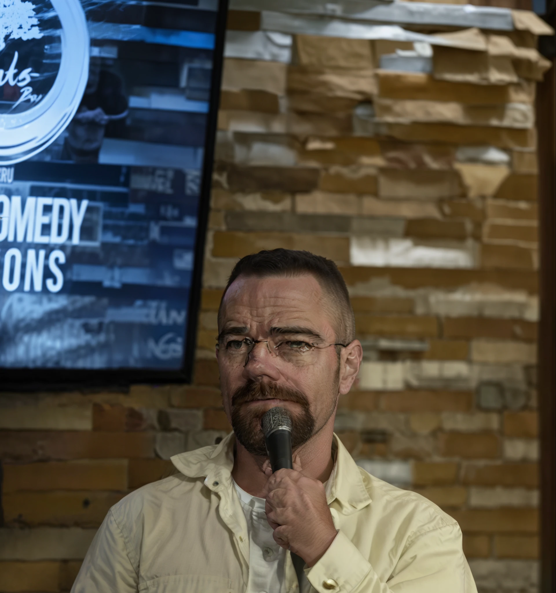 Criar desenho da disney homem arafiado de camisa branca segurando um microfone em frente a uma parede de tijolos, comediante stand-up, Comedian is funny, Alex Miranda, 1 0 / 1 0 comedy, Paulo Heaston, Back to School Comedy, Directed by: Sam Shearon, Alex Flores, taken in the early 2020s, Rob Gonsavles, Artem, Joel Torres