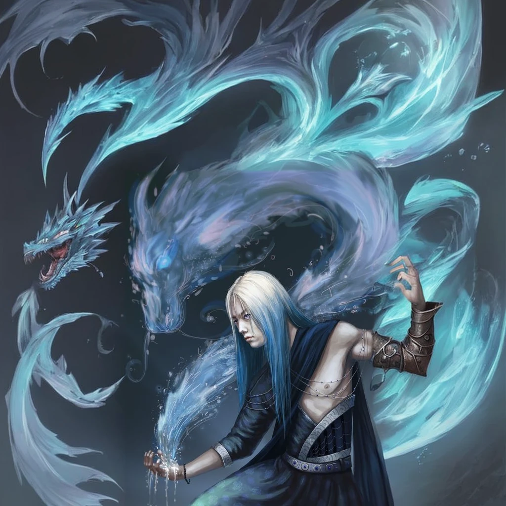 a drawing of a woman with blue hair and a dragon, water element, closeup fantasy with water magic, arte de fantasia digital 2d, water demon, sword and wand – water, anime em estilo fantasia, estilo de arte de fantasia, Skinny Masculino Fantasia Alquimista, anime fantasy illustration, arte de fantasia digital ), arte de fantasia digital 2d detalhada, Epic fantasy art style, water everwhere fantasy