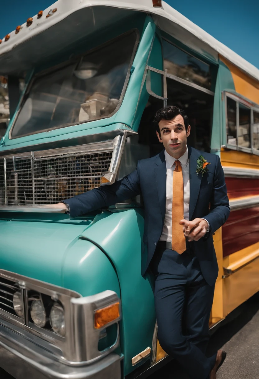 A photo of a colorful vintage food truck,Nathan for You,In “Nathan for You,” Nathan Fielder portrays a character of the same name, marked by his plain, somewhat awkward appearance: often seen in a grey suit and tie, with his hair neatly combed and a pair of unremarkable glasses. This understated look complements his on-screen persona, which is characterized by a deadpan expression and a consistently serious demeanor, regardless of the comedic absurdity unfolding around him., male