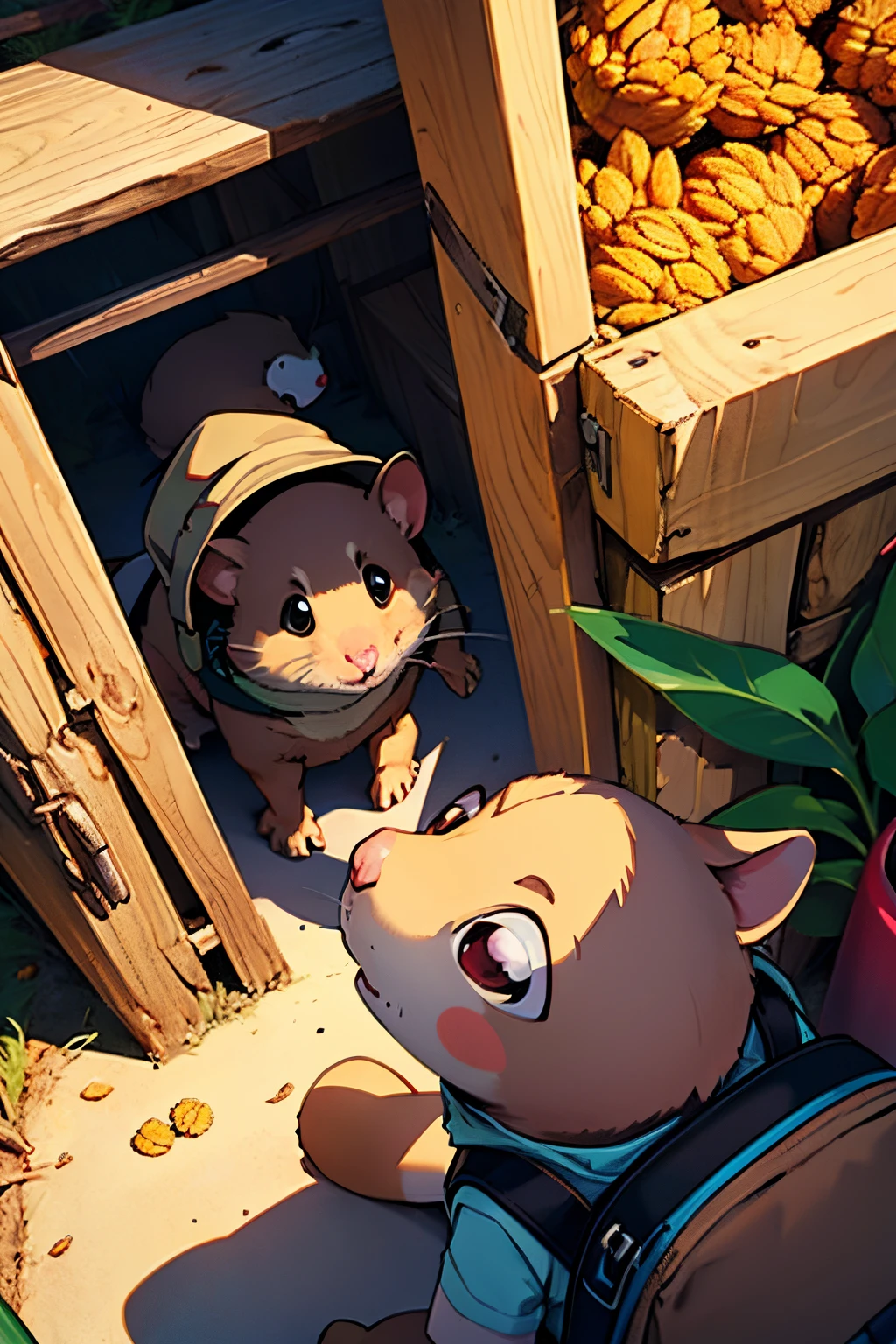 Q version，Chunky Hamster Adventurer，Cute and cute，adventurer clothing，adventurer hat，backpacks，Low angle viewing angle，Huge warehouse，Rich in ingredients，potatoes，corn flake，soybean，appearance，pine nut，peanuts，walnuts，high saturated，hight contrast，vibrant with colors，hyper realisitc，ultra real photo，ultra - detailed，ultraclear，hyper-detailing，tmasterpiece