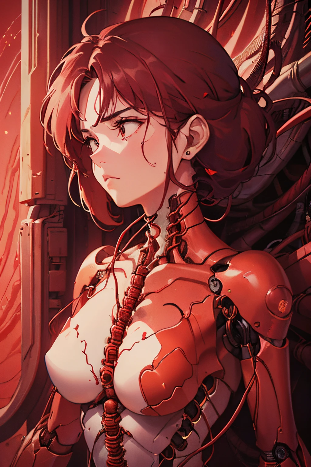 (((巨作))), (((Best quality))), ((Ultra-detailed)), (CG illustration), ((An extremely delicate and beautiful)),(Look up to the side), (((Red flowing liquid background)))Cinematic light with strong contrast between light and dark, ((1 mechanical girl)), solo person, Body parts,(Red machine-made joints:1.2),((Mechanical limb)),(blood vessel connected to tube),(The mechanical spine is attached to the back),((The mechanical cervical vertebrae are attached to the neck)),(are standing),A sad expression with red tears,(Wires and cables around the neck:1.2),(wires and cables on head:1.2)(Character focus),sci-fy,Extremely fine,scarlet,Thinnest