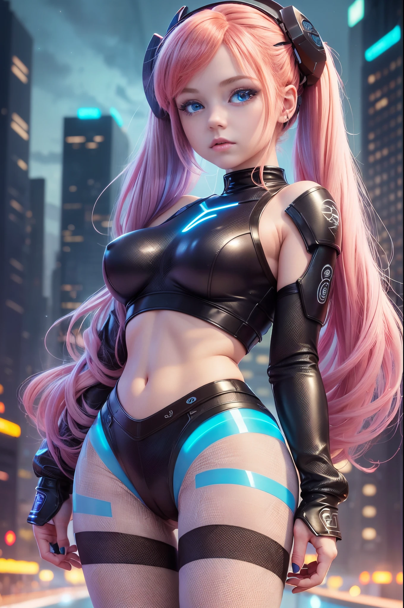 1 girl, solo, (), cute redhead 20-year-old girl in twin tails, ((perfect female body)), (cute face make up), multiple (rainbow colored hair: 1.2), (beautiful detailed blue eyes: 1.6), (photo realistic eyes: 1.6), happy, Ukrainian, (petite body), ((small )), pale white skin, 
(micro : 1.2), ((thin pantyhose: 1.6)), 
(("TRON LEGACY futuristic city" style background)), (night time:1.2), photo realistic, (Back View:1.5),