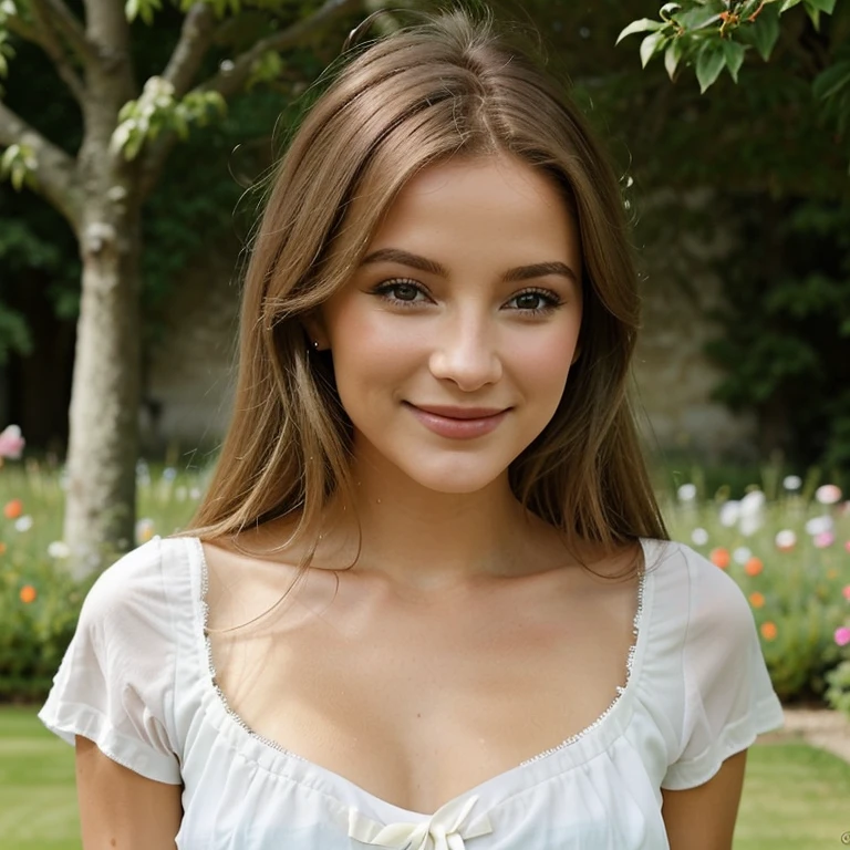 Belle brune aux reflets blonds, sportive, décolleté sexy, dans un jardin de fleurs, Tenue sexy, Souriant, chemise blanche, très détaillée, 22 ans, visage innocent, cheveux ondulés naturels, yeux bleus, résolution élevée, meilleur qualité, Détails complexes, Très détaillé, mise au point nette, peau détaillée, texture de peau réaliste, texture, yeux détaillés, professionnel, sourire charmant,