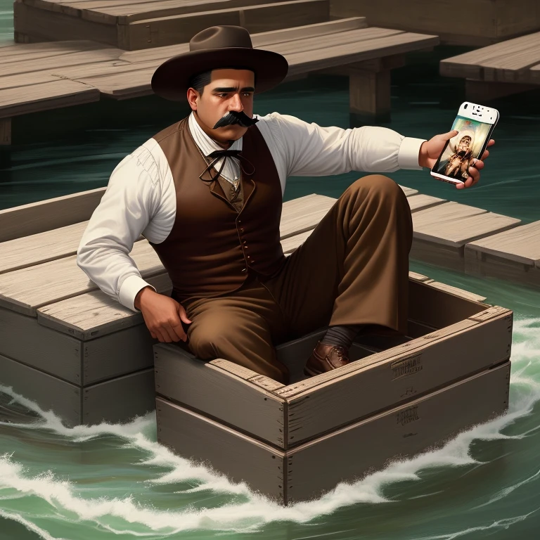 A painting of a slightly dark Hispanic man full of sorrow with a mustache sitting on a wooden crate starting his iphone mid 1850s while drinking whisky and facing a river