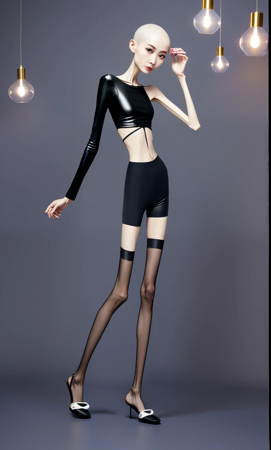 very thin woman,A thin body,Protruding sternum,The waist is very thin,The ribs are noticeable,Protruding ribs,The pelvic protrusion is very obvious,Pelvic width,Legs are just skin and bones,Fair skin,thin shoulde,The waist is very thin,Sunken abdomen,Delicate arms,arm muscle atrophy,hunger,sunken lower abdomen,Short hair details,Wear tight leather pants,Wearing black stockings,Wear slippers,Asia face,The waist is particularly thin,angry look,Excessive weight loss,The face is sunken and thin,Severe malnutrition,hunger,Weak