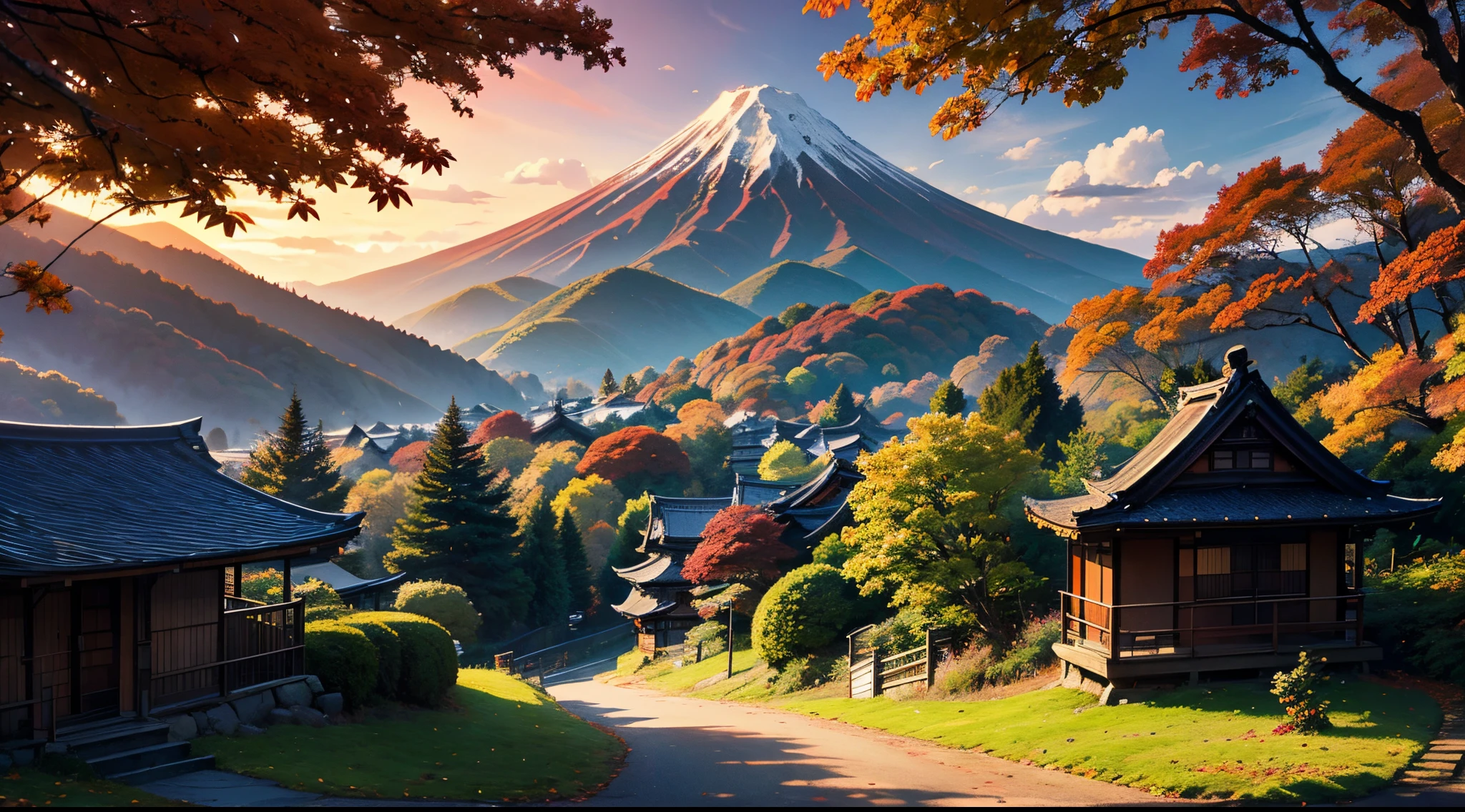 Best Quality、masutepiece、Colored leaves、（jpn、evening glow）、mont、Summit of Mt、autumnal、Japanese houses