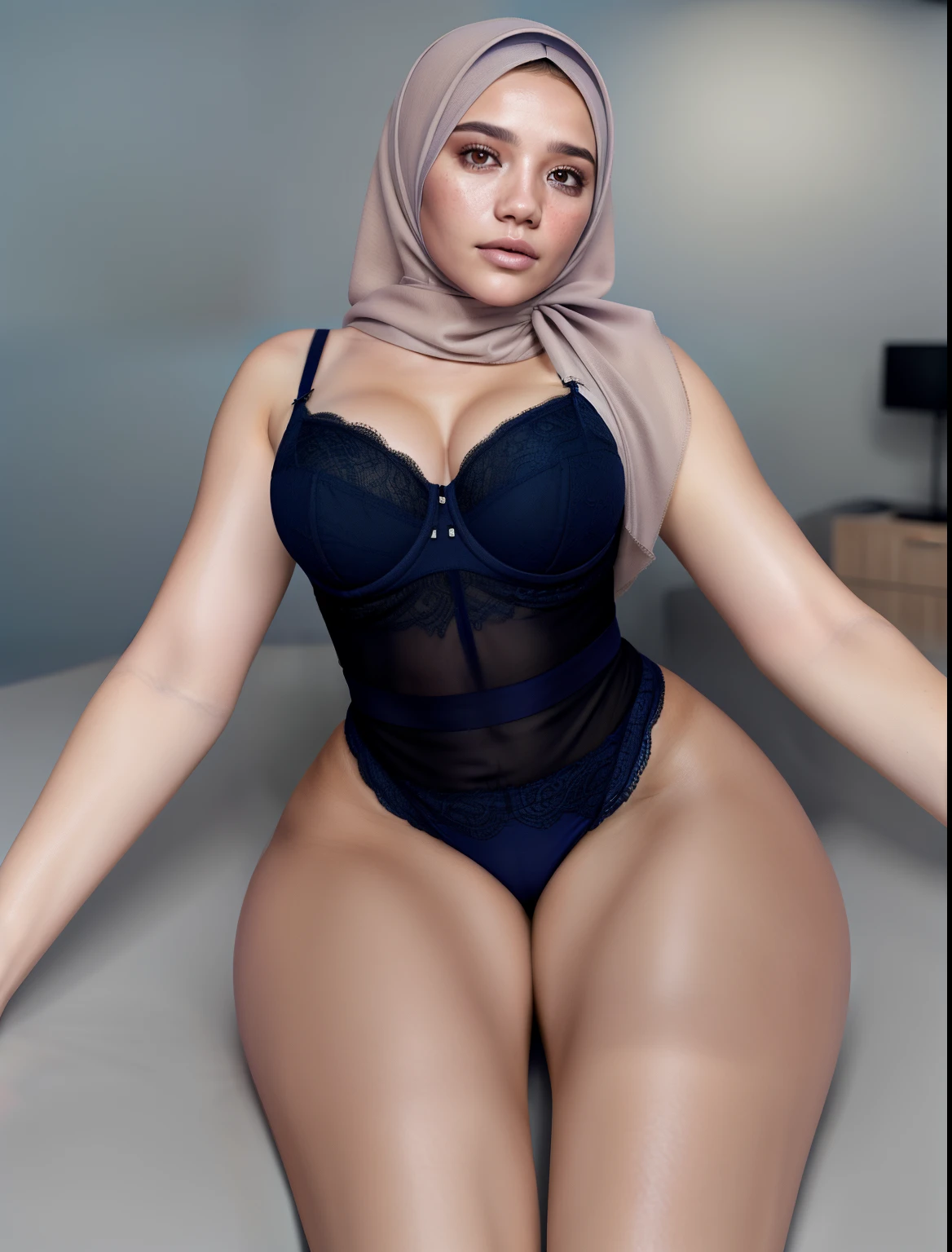 malay girl wearing hijab,, beautifull hand, perfect hand, realistic hand,, 48 Years Old beautiful woman. ((lace bra and panties)),(bigger boobs),((look front at the camera))., Emphasize ass, biggerchest, big Nipple, de pele branca, bigger breasts thin waist, mexico-style street, Hyper-Realism, Cinematic lighting, depth of fields, From below, vanishing point, F/2.8, Anatomically correct, Textured skin, Super Detail, awardwinning, Best Quality, hight resolution, wearing pastel blue underwear, bra and panties only, hospital ward background, spread leg open, RAW photo, best quality, masterpiece, high detail RAW color photo, malay girl, professional photograph, (realistic, photorealistic:1.37), (high detailed skin:1.2), high resolution, beautiful detailed eyes, dramatic lighting, cinematic lighting, back light, professional lighting, detailed skin texture, insane details, intricate details, accent lighting, soft volumetric light, bokeh, (dramatic light:1.2), (neutral colors:1.3), cross process,