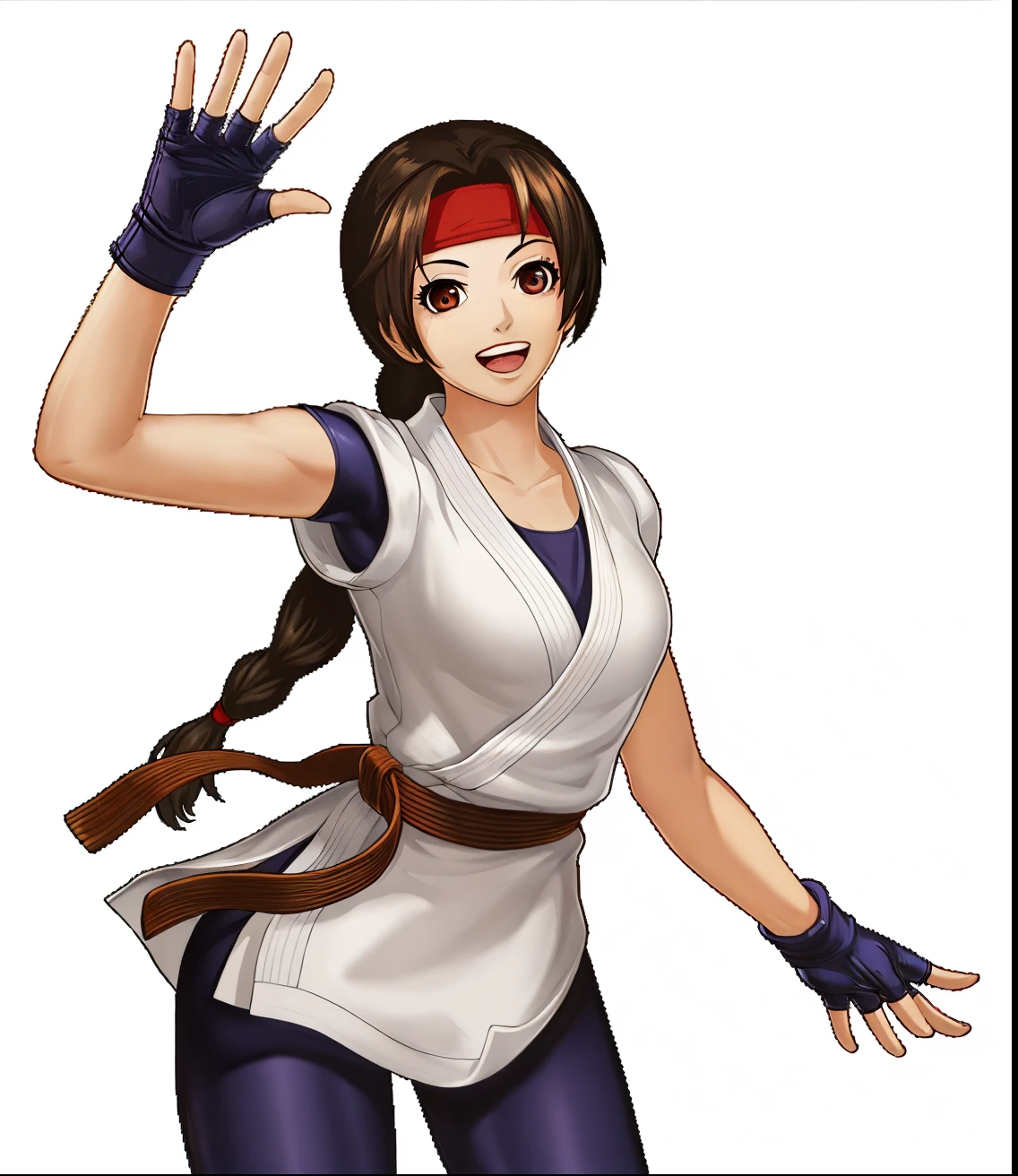anime character with a ponytail and a bandana on her head, character from king of fighters, fighting game character, misato katsuragi, mai shiranui, portrait of tifa lockhart, female protagonist 👀 :8, fighter pose, makoto, as a character in tekken, fighting pose, makoto shinka, fighting stance, fujita goro!