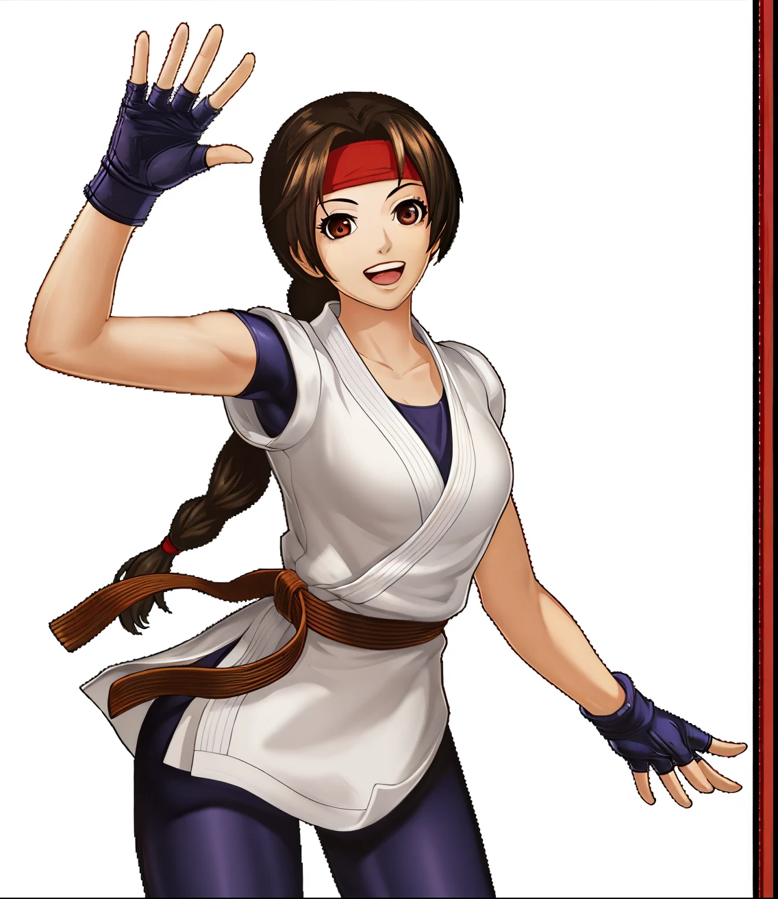 anime character with a ponytail and a bandana on her head, character from king of fighters, fighting game character, misato katsuragi, mai shiranui, portrait of tifa lockhart, female protagonist 👀 :8, fighter pose, makoto, as a character in tekken, fighting pose, makoto shinka, fighting stance, fujita goro!