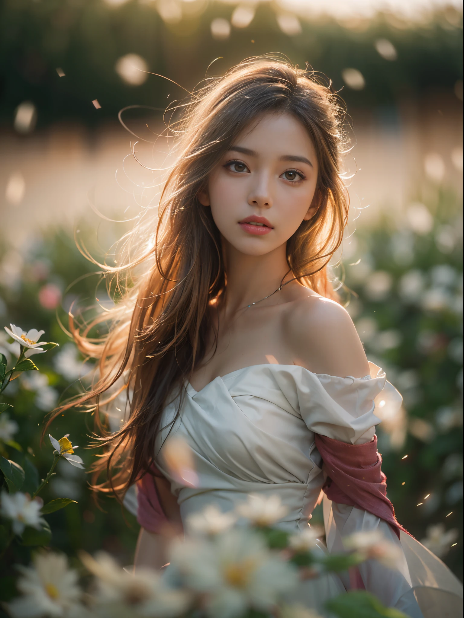(8k, RAW, professional, best quality, masterpiece:1.2), (realistic, photorealistic:1.4), (noctilux 85mm lens), (lens flare), (long exposure), complex lens bokeh, raw photo, 1girl, white dress, off shoulder, windy blossom flower field, glowing skin