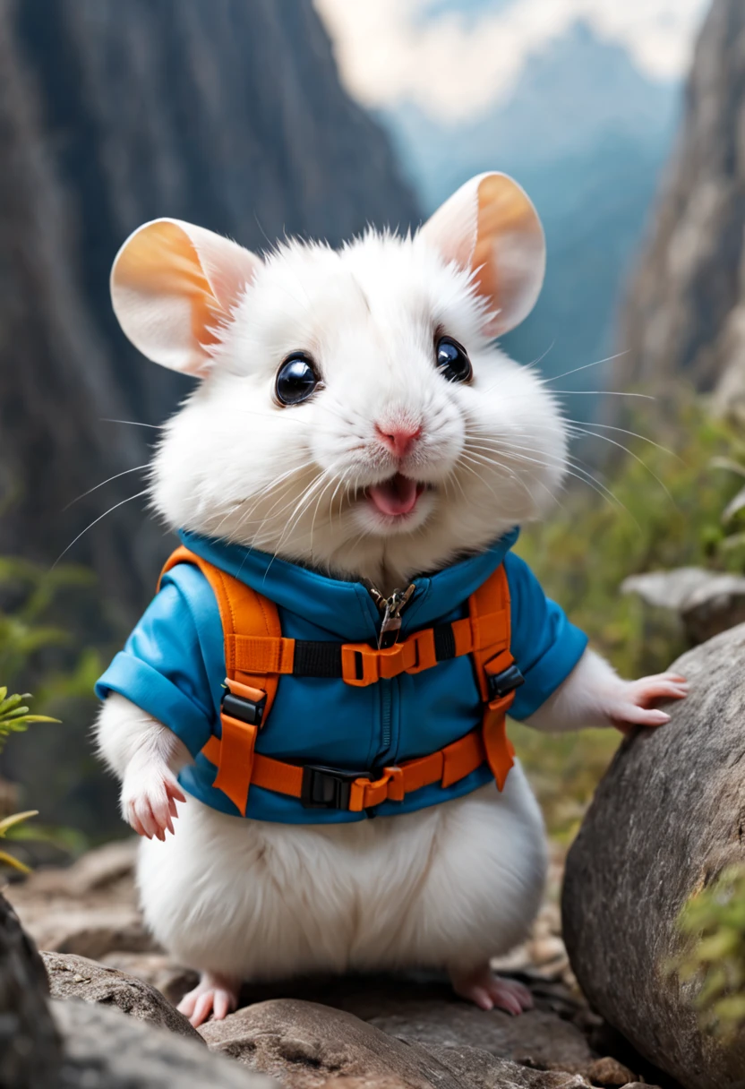 A super cute white hamster,ssmile,Wear a cool adventurer outfit,Well equipped,Rock climbing,Super quality,Super refined