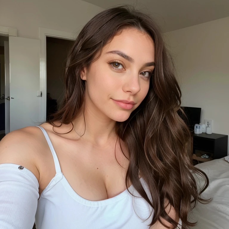 1 femme, long, wavy hair, dark brown eyes, seins moyens, avec chemisier blanc, prise de photo debout, biting lips, Sensuel, Selfie