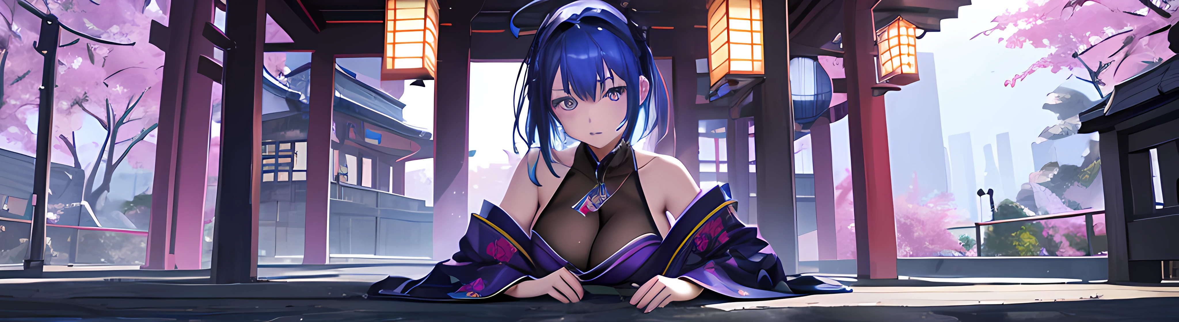 Une fille aux cheveux bleus, assis par terre,[yeux violets, lumineux et vif],[nu:1.1], [absurdes], [high resolucion], [Ultranet], [8k], [Masterpiece:1.2], Elle a une expression séduisante, fond japonais avec des couleurs vibrantes, An éclairage doux accentuant these traits, composition creative and artistic, nsfv