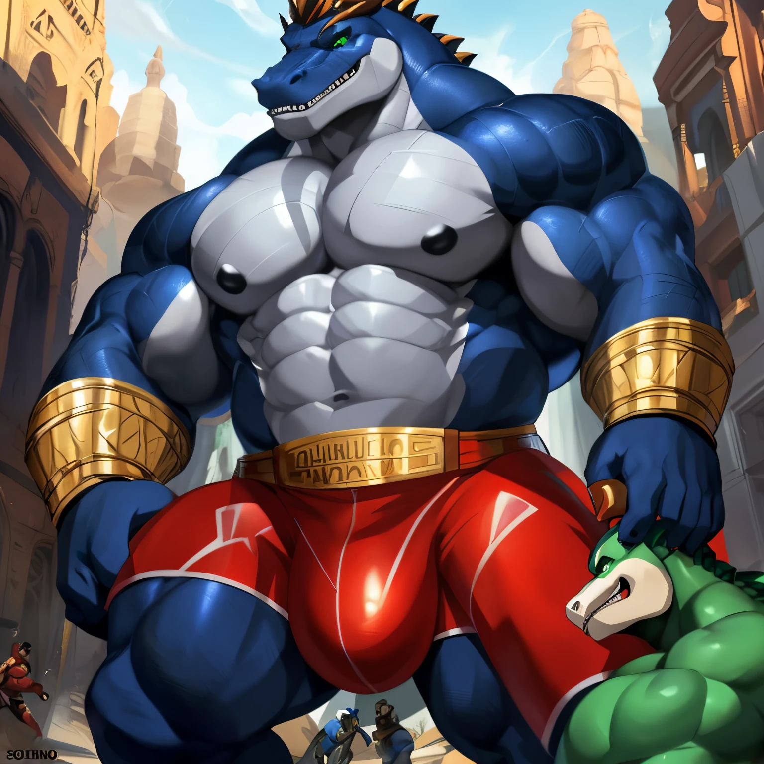 sozinho, macho, alligator, focinho longo, dentes afiados, Presas, rosto grosso, Face larga, ombros largos, musculoso, polir, forte, alto, gigante, Massive, enorme, gigantesco, Big biceps, Pecs grandes, Corpo verde, pele verde, olhos amarelos, Virilha detalhada, massive bulge, por darkgem, por Mystikfox61, por chunie, por vader-san, Olhando para o Viewer, sombrio, Dramatic, cidade, beco, traje espacial azul, uniforme