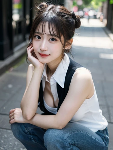 NSFW, (masterpiece, best quality, photo realistic, official art:1.4), (UHD, 8K quality wallpaper, High resolution, RAW photo:1.2), (shiny skin), professional lighting, physically-based rendering, Award-winning, highly detailed skin, (extremely detailed face and eyes, clear pupils), Carl Zeiss 85 mm F/1.4, BREAK, 1girl, solo, fascinated 20-year-old Korean girl, (Nogizaka idol:0.6), (K-pop idol:0.8), (glossy black hair, double buns), rounded face, soft smiling, (detailed teeth:0.3), collared white shirt, collar bones, (breasts emphasized, well shaped medium breasts), skinny jeans, sneakers, (looking at camera), BREAK, at Aoyama street, (crouching down like a gravure pose:1.3), (portrait, extreme close shot, face focus:1.2), depth of field, view from forward, view from above,