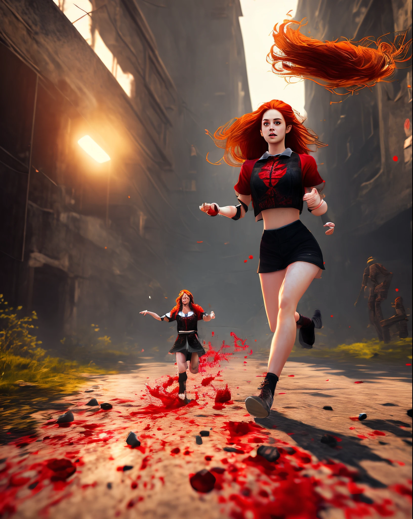 A girl with long auburn hair, and 70s clothes. Running away from Vecna while covered in blood, the background is a mix of tinted red/black/blue