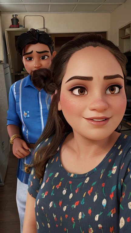 there is a woman standing next to a man in a kitchen, facebook post, with professional makeup, 8k selfie photograph, with accurate face, indian, 30 years old woman, 3 0 years old woman, with round face, traditional makeup, profile image, with lovely look, heavy make up, by Max Dauthendey, taken with sony alpha 9