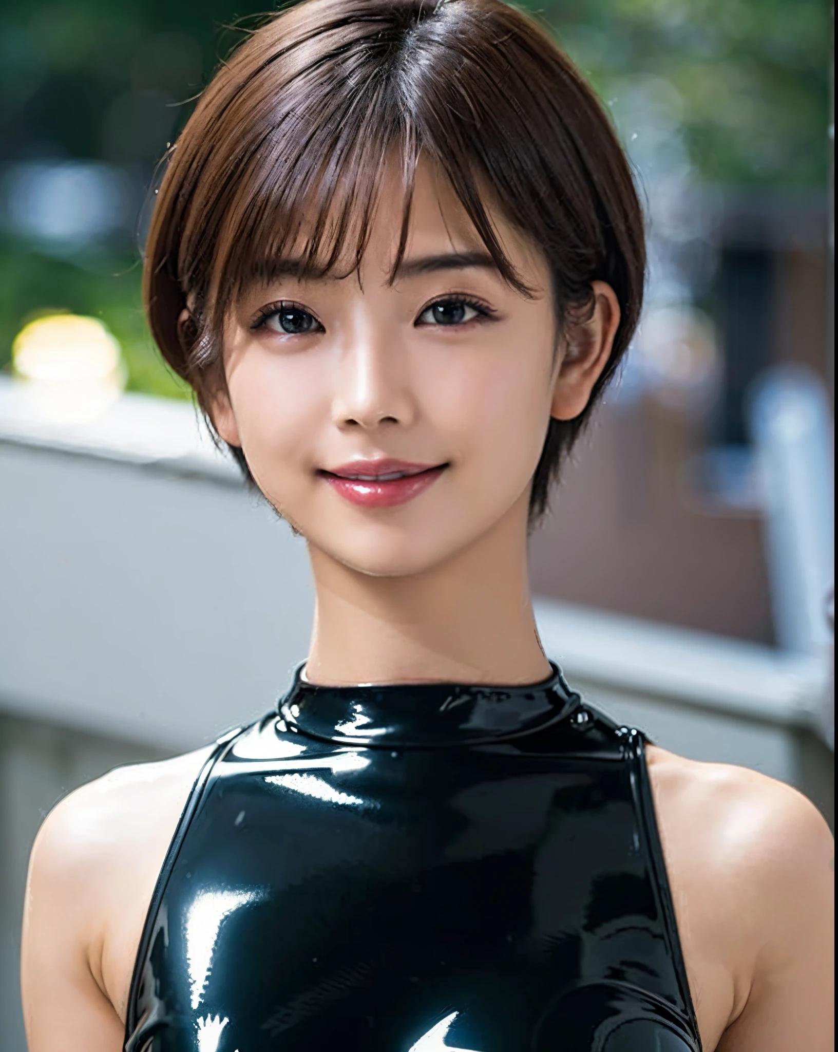 ((best quality, photorealistic, 8k, high res)), 1girl, (skindentation), (professional lighting), (full body:1), (short hair:1), ((looking at viewer:1.5)), perfect proportion, (bokeh), calves plump and muscular, Bending figure, Very detailed skin texture, ((wearing glossy black latex dress)), standing Pose, (smile:1),background simple grey
