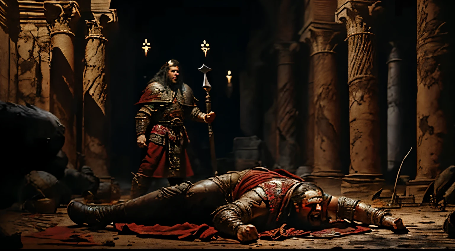 downward angle, 1 Male Barbarian standing over the body of his opponent, blood stains his fur armour and cloak, He wears an embroidered crimson gown with gold details. He laughs in victory, Manic brown eyes, Scarred face, Colosseum, dirt ground, blood stains under dead opponent, Axe stuck in ground, subject looking at viewer