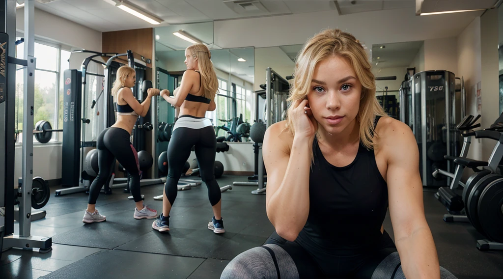 same blonde sexy body in leggings at the gym looking straight to camera,facing the camera, gym include weights and mirrors, alone on the image, correct fingers and eyes