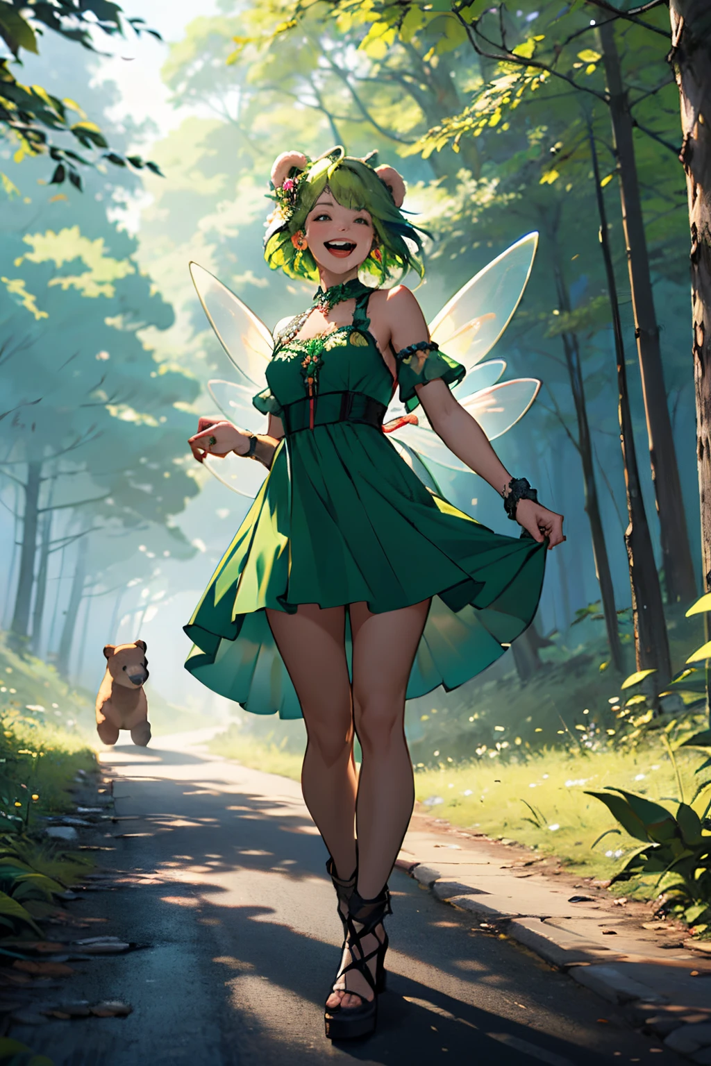 a sexy druid girl, with green hair, fairy green wings, in the middle of the forest, she has a bear companion, she's using a very small dress, she's laughing and standing in the middle of a road, there is a flower in her hair, 8k, high detailed