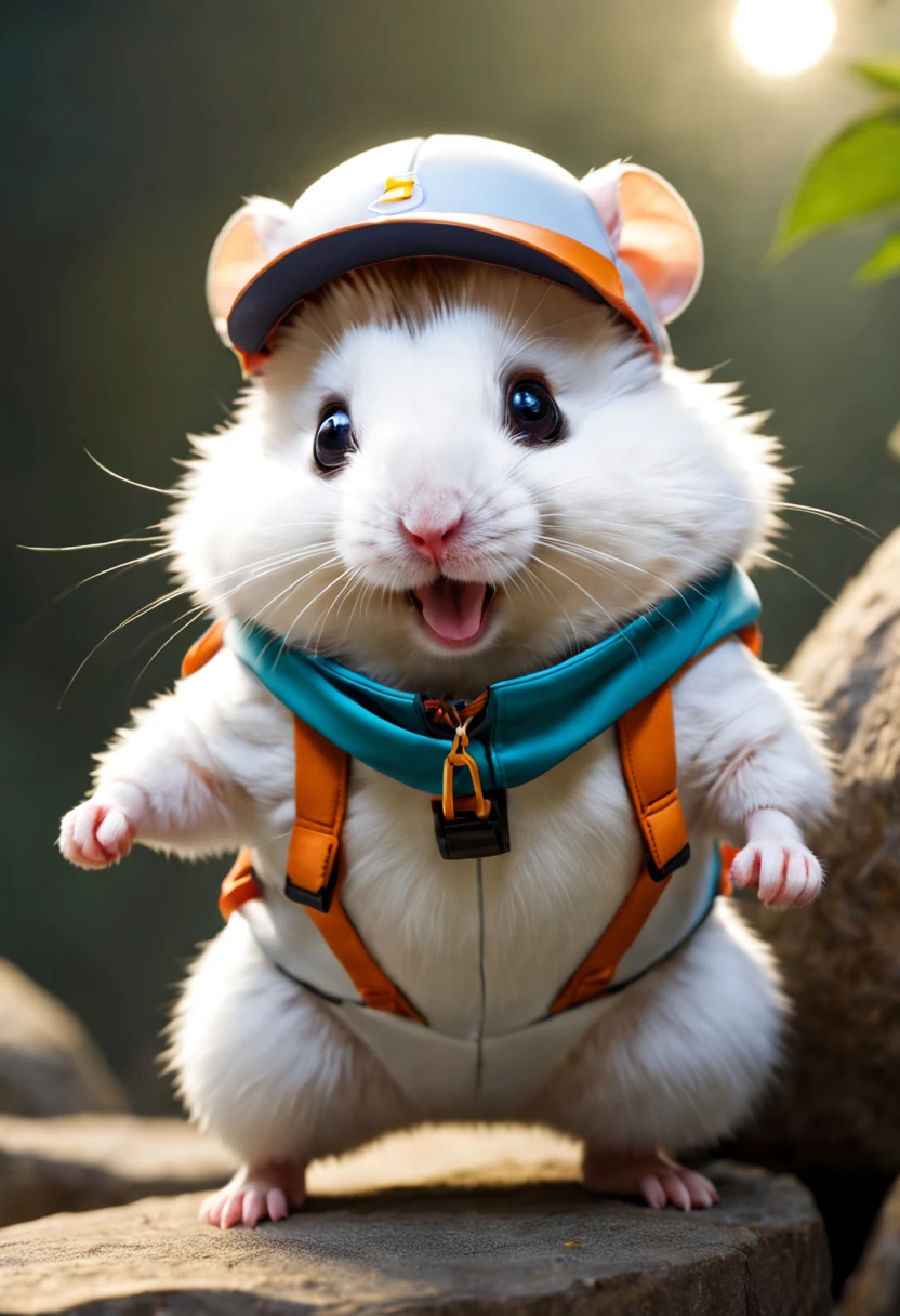 A super cute white hamster，ssmile，Wear a cool adventurer outfit，extreme sports，Movements are neat and fast，Well equipped，climbing，Super quality，Super refined