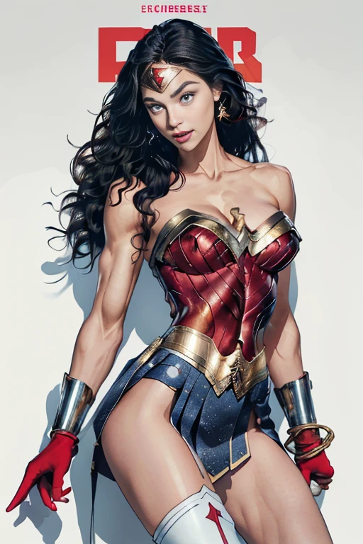 ((((Dramatic))), (((grittiness))), (((intense))) The movie poster features a Wonder Woman as the central character。She stands confidently in the center of the poster, Wonder Woman, (intricate detailed, makeup), (detailed beautiful delicate face, detailed beautiful delicate eyes, a face of perfect proportion), (Glossy skin: 1.0), fine detailed skin, strong and realistic blue eyes, realistic black hair, ((long wavy hair:1.3)), lips, makeup, natural skin texture, tiara, (red and gold bustier:1.2), blue leotard with white stars, silver bracelets, ((Red knee high boots:1.2)), golden belt, (Wonder Woman clothing:1.0), (bare shoulder:1.2), ((light tanned skin:0.8)), mature, Sexy, elastic muscles, (muscular: 1.2), ((strong and healthy body)), ((((the more) muscular))), Long leg, curved, (Big breasts: 1.3), cleavage, rib, thin waists, soft waist, (fine detailed skin), (beautiful and sexy woman), (swollen lips: 0.9), (eyelash: 1.2), very delicate muscles, perfect body figure, perfect anatomy, perfect details, perfect fingers, perfect limbs, (The Perfect Hand:1.4),。The text is bold and attention-grabbing,With catchy slogans。The color palette is dominated by soft light,Dotted with bright colors,Make your poster dynamic and visually striking, (Magazines:1.3), (cover-style:1.3), Fashioner-Lab, girls, lively, clothed, posing in, rich colorful,Background with,heroic elements,self-assured,Expressing the,halter,statement,attachment,masterpiece,coil,touching,Scenes,SMS,The cover of,boldness,attention-grabbing,