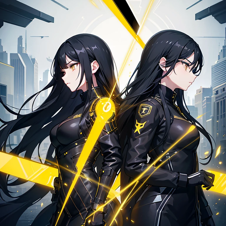 Black clothing with lightning motif, long black hair, long eyelashes, eyes closed, oblique profile, round face, female, full body shot, yellow background with striking lightning, futuristic yellow train