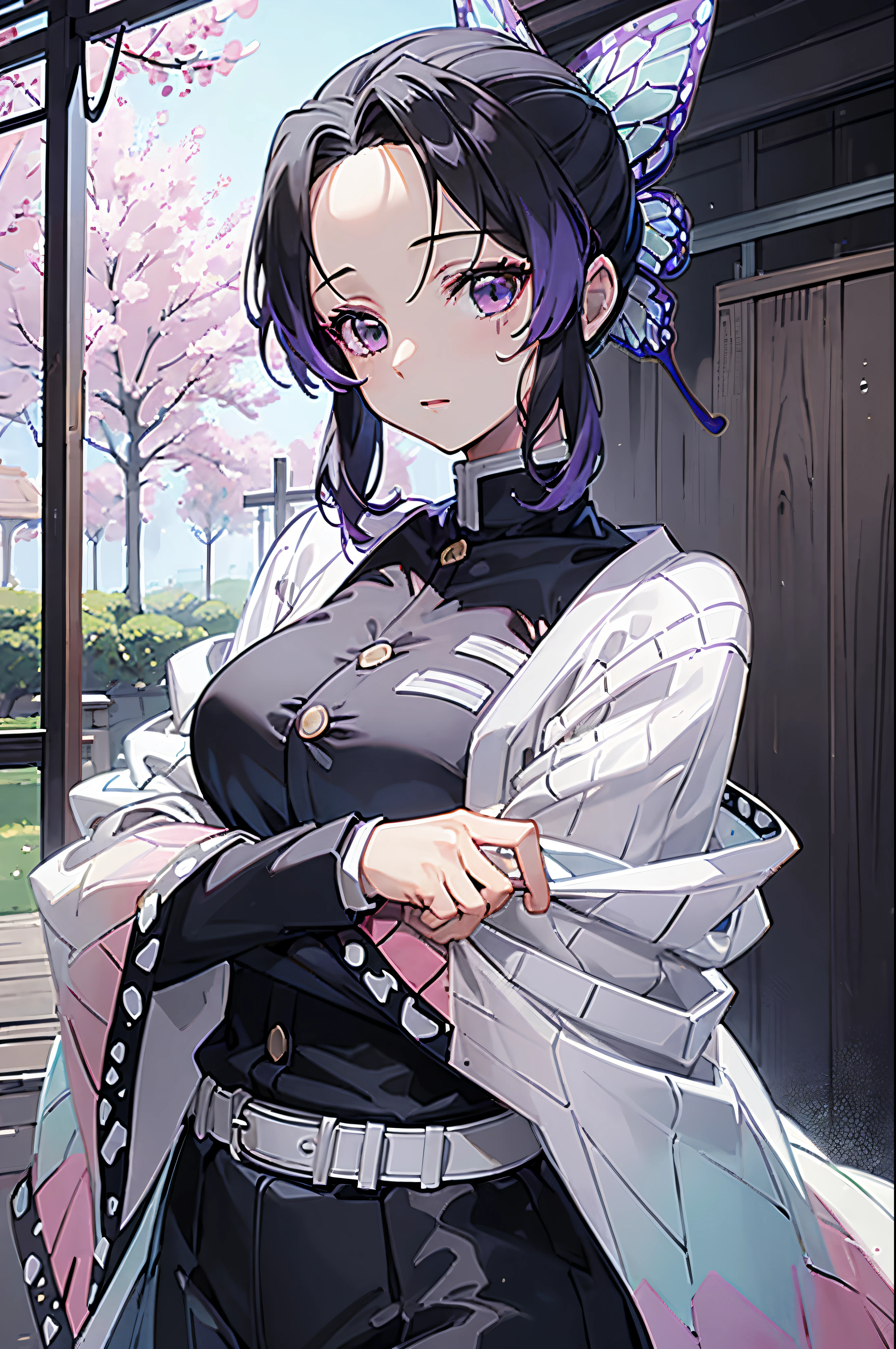 Ultra-realistic 8K CG,tmasterpiece,((ultra-detailed background,delicate pattern,intricated details)),Best quality at best,Very, very, very detailed face,Very detailed eyes and faces,Very detailed eyes,Shinobu Kocho,multicoloured hair,No bangs,hair intakes,Purple Eye,brow,Black shirt,Black pantsuit,Outerwear,butterflies,buttons,Obi Streep,(Trpical Gardens:1.2),purple flowers,Chibi,Mostly cloudy skies,Rays of sunlight,Tyndall Effect,gradation_sky,face,beautiful sky,saber at waist,seductive posture,(large full breasts),(cleavage),(Off-the-shoulder attire:1.3),NSFW (New South Wales)