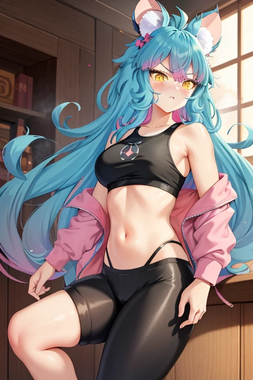 2d, masterpiece, best quality, anime, highly detailed face, highly detailed eyes, highly detailed background, perfect lighting, chessivt, virtual youtuber, 1girl, yellow eyes, long hair, blue hair, multicolored hair, pink hair, bangs, ahoge, hair bow, mouse ears, mouse girl, breasts, medium breasts, bow, punching walk, indoors, leggins, dolphin shorts, pink shorts, pleasured face , closed mouth, sport bra, steam, blush face, sideboob, open jacket, angry face, mad, tongue out