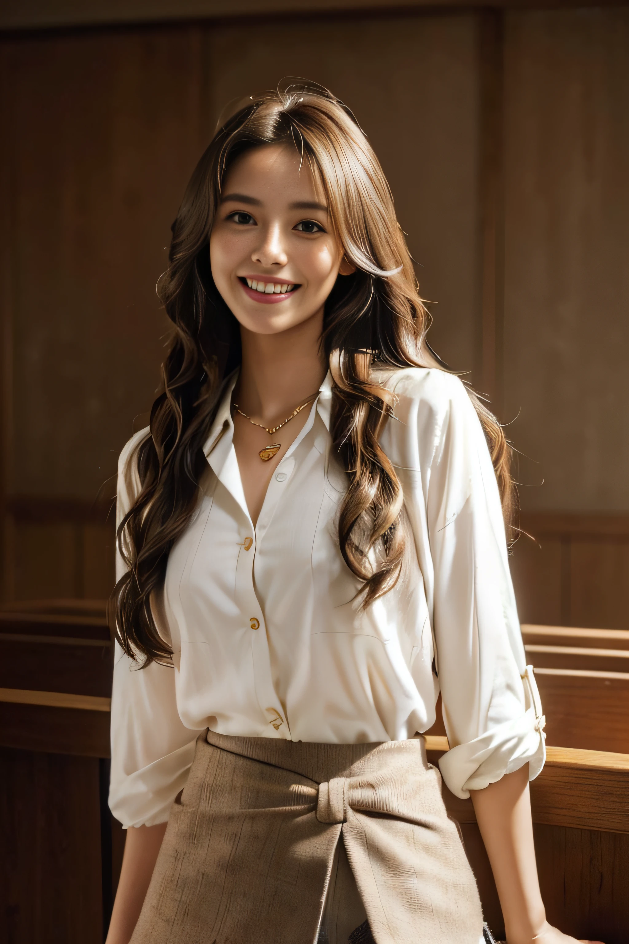 ((Beautiful girl from Japan:1.3))((White Button Blouse_brown tweed mini skirt_Gold necklace:1.4))((Tuck the hem of the blouse into the skirt:1.2))((pantyshot:1.5))((High School Teacher:1.2)),((I have a textbook in my hand:1.3)) ((Standing at the pulpit_i'I'm teaching while watching you:1.3)),((full of sweat:1.5))((Blushing face:1.4)) ((Medium milk:1.4)) ((close-up:1.2)) Best Quality,masutepiece,超A high resolution,(Photorealistic:1.4),Raw foto,(Authentic skin texture:1.3),(Film grain:1.3),the panorama,Character Portrait,Very Wide Shot,big breasts thin waist,Cowboy Shots,(Durkin, deepshadow, lowkey, cold light,) natta,(()),Streaming Tears,,Dust,Tindall Effect,(expressions),1girl in,beautiful detailed eyes and face,White Jabot,Brown eyes,((brown super long hair_Reach up to the waist:1.2)),((loosely curled hair:1.2)),((FULL BODYSHOT:1.3)) ((Smile:1.3))