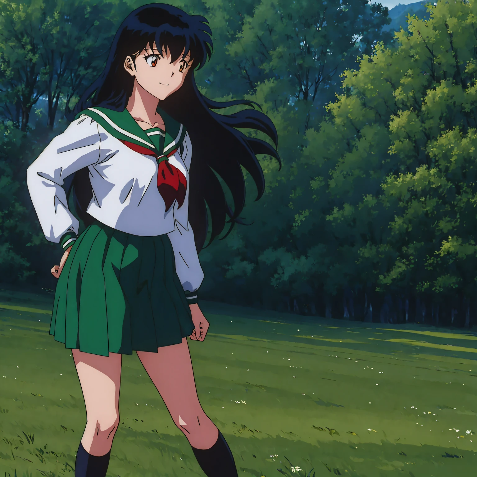 Best Quality, 巨作,1girl, ((anime)) ((Colored)) HD, Kagome Higurashi, 1girl, school uniforms, Standing, Green skirt, long  hair, Black hair between the eyes, long  hair, Red scarf, chest, smile, Full body, wallpaper, mini skirt, Skinny thighs