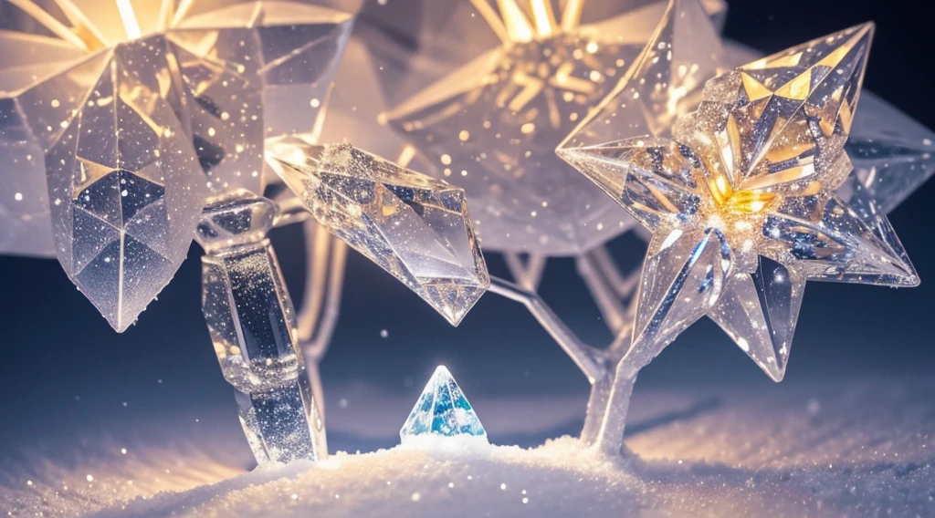 Super quality,Extremely sophisticated and complex,microcosm,(New Year elements under macro lens),snow crystal、lamplight,Presenting a unique microscopic perspective,New Year atmosphere,warm color palette
