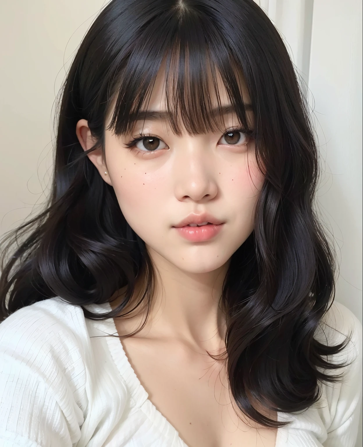 um close up de uma mulher com longos cabelos pretos e uma camisa branca, young adorable korean face, Ulzzang, Mulher sul-coreana bonita,  coreana, Lalisa Manobal, korean symmetrical face, Ela tem cabelo preto com franja, cabelo arrumado com franja, wan adorable korean face, mulher coreana jovem bonita, meninao-fino-cara
