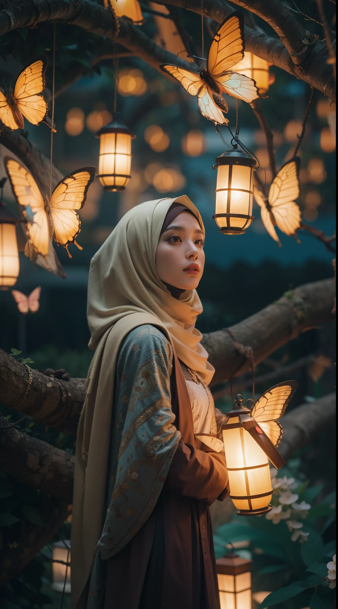 Create an otherworldly scene where a Malay girl in a hijab, holding a magical lantern, explores an enchanted floating island surrounded by glowing butterflies. The island is suspended in the sky, revealing stunning landscapes and mysterious creatures, 70mm lense, Establishing shot, warm color grading, cinemascope cinematography effect, a thriller film style, high quality, ultra detail, 8k resolution,