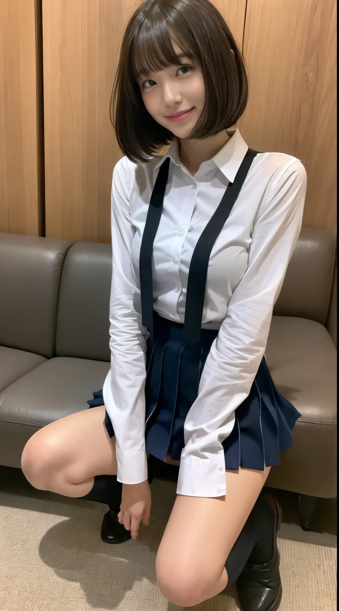 ((top-quality、8K、masterpiece:1.3))、1人、Slender Abs、sofas、hyperdetailed face、A detailed eye、二重まぶた、straight flat chest、tiny chest、small tits、neat college girl、short-hair、Straight bob hair、Shorthair with bangs、A smile、Schoolgirl Uniform、Flip up your skirt yourself to show off your panties、Squatting、Panties are visible from the skirt、An 18-year-old woman、